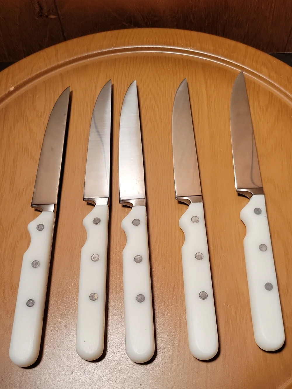 Set of 5 White Handle CP France Steak Knives